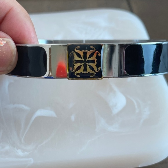 Rustic Cuff Black & Silver Metal Hinged Bracelet With Gold Accent - Picture 1 of 2